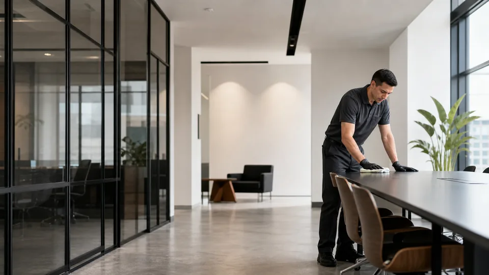 A commercial cleaner working in a modern office