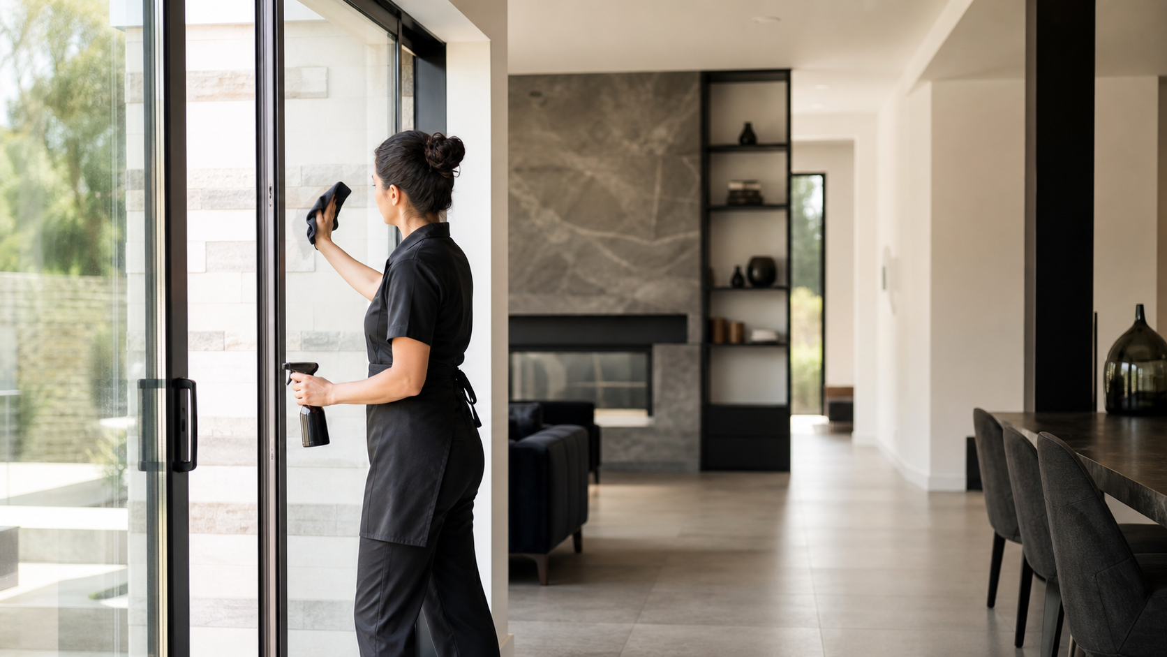 A professional cleaner working in a bright modern home